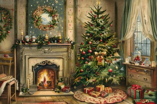 Cozy vintage illustration of a christmas setting with a festive tree, gifts, and a roaring fireplace