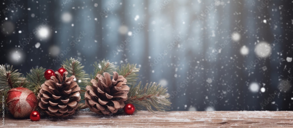Poster Christmas background with a red ribbon fir tree branch snowy pine cones and a wooden backdrop Xmas time copy space image