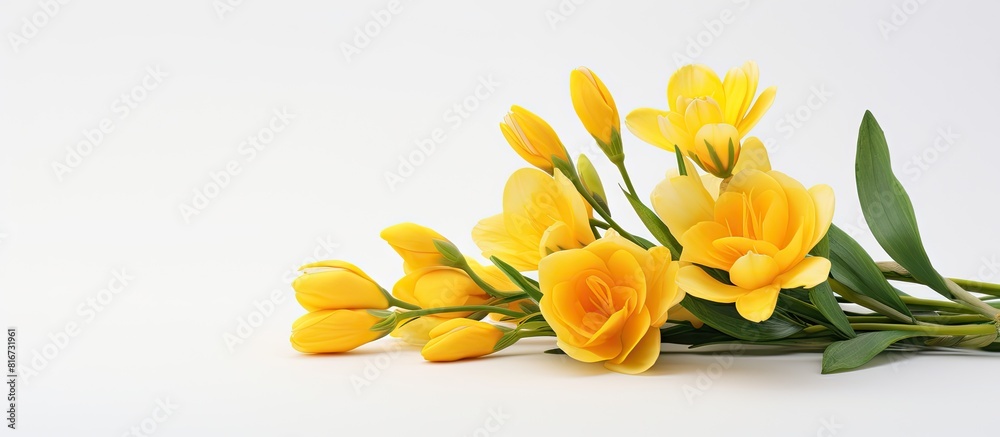 Poster a white background with a bright yellow freesia flower perfectly framed and ready for use as a copy 