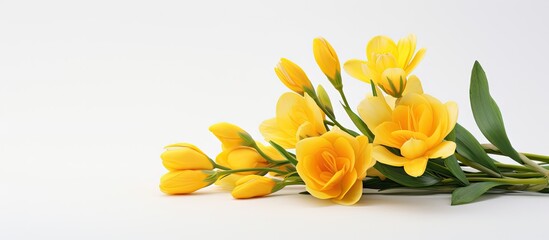 A white background with a bright yellow freesia flower perfectly framed and ready for use as a copy space image