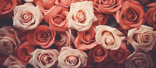 A retro filtered image featuring a bouquet of rose flowers with copy space