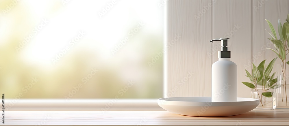 Poster Copy space image of a product display on an empty tabletop with a blurred bathroom interior serving as the background
