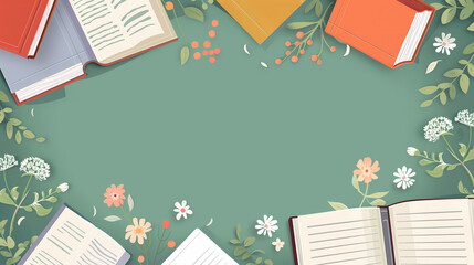 illustration of books flat lay design with floral elements and copy space