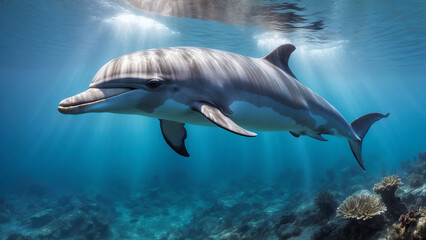 Fototapeta premium Happy Cute Dolphin Swimming In Its Natural Habitat Looking For Food Underwater Photography Style 300 PPI High Resolution Image