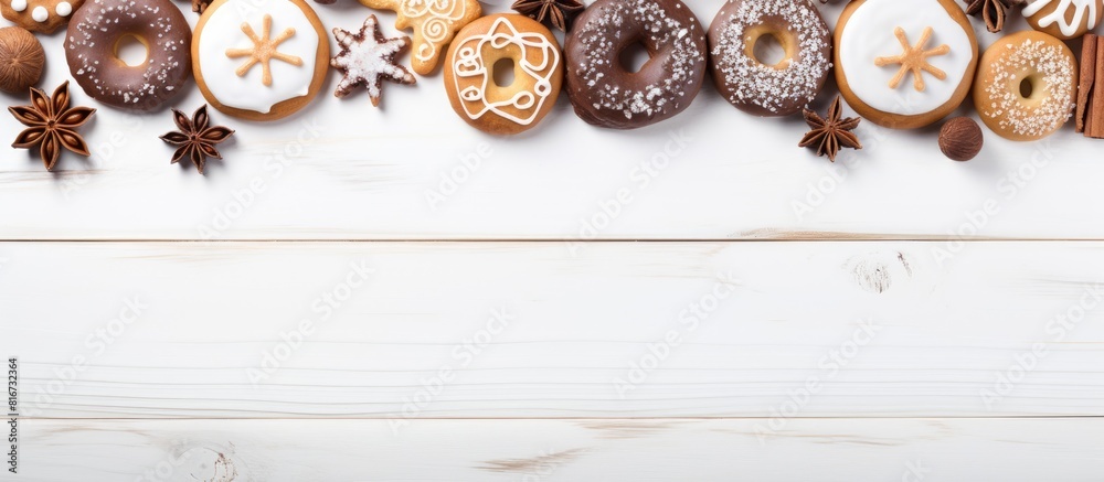 Aufkleber White wooden background with gingerbread cookies and donuts perfect for adding text in the open space image. with copy space image. Place for adding text or design