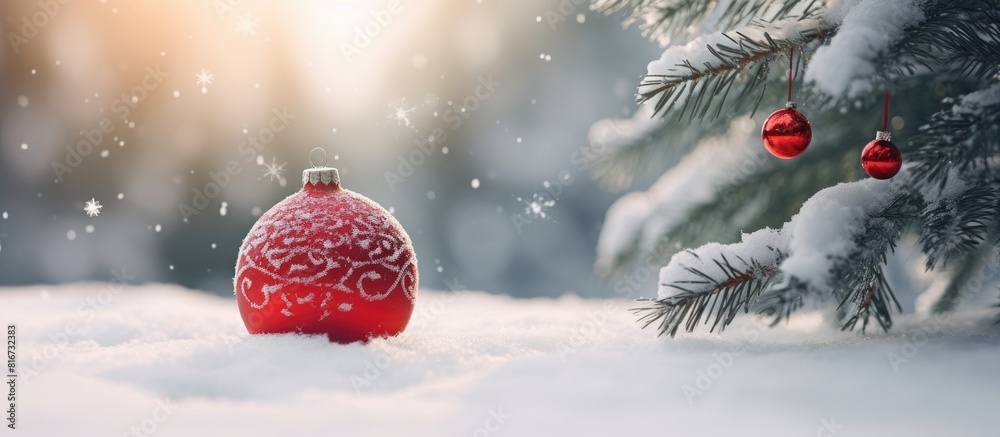 Aufkleber A red Christmas ball rests in the snow beside a branch of a Christmas tree set against a snowy background. with copy space image. Place for adding text or design
