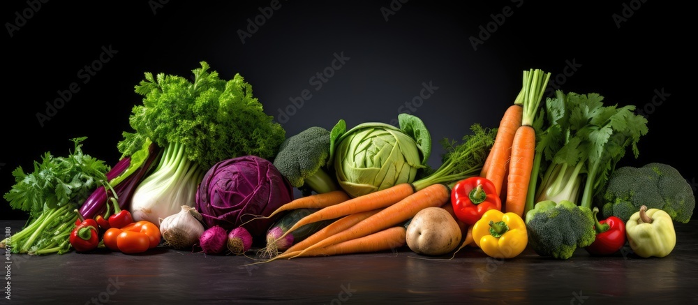 Aufkleber a selection of vibrant vegetables is displayed on a smooth dark gray slate the background provides a