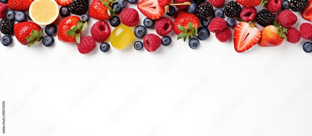 Poster A top view of various types of berries including strawberries blueberries and apricots arranged on a white background created for copy space image