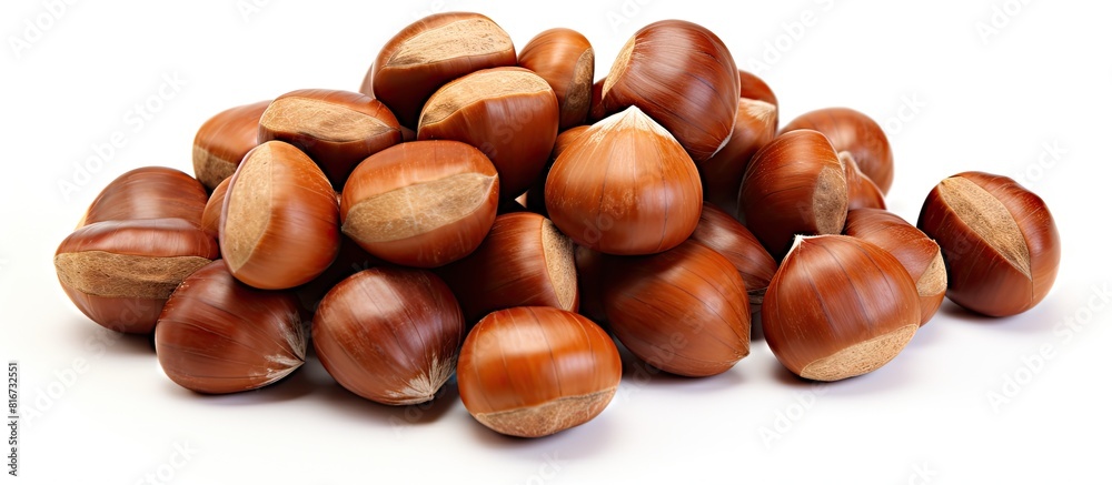 Poster a top down view of a pile of sweet chestnuts isolated on a blank white background the copy space ima