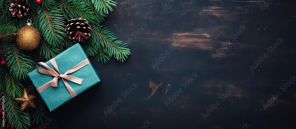 Aufkleber top view copy space image of christmas or new year decorations including pine branches and a gift bo