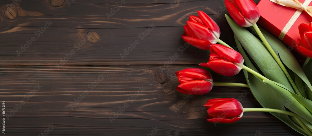 Poster A romantic Valentine s Day scene with a gift box vibrant red tulips and a wooden table with plenty of empty space for a captivating image. with copy space image. Place for adding text or design