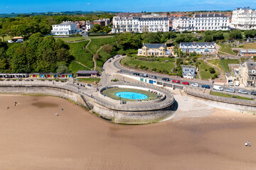 Aerial photo of the beautiful town of Filey in the UK, showing the beach front and open air public...