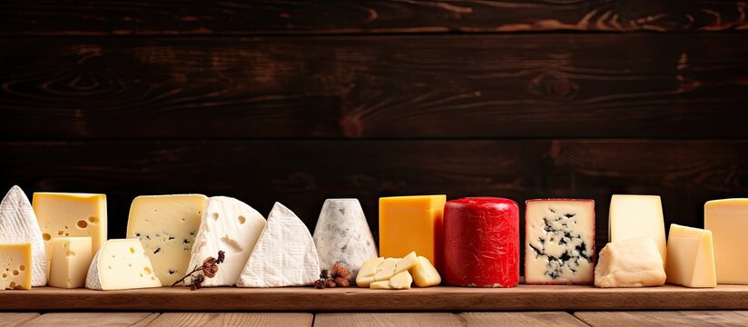 A visually appealing arrangement of red and white cheeses on a weathered wooden surface evenly illuminated to enhance their vibrant hues creating an attractive copy space image 195 characters