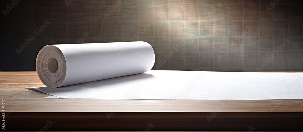Poster On the table there is a roll of paper with a blank area for text. with copy space image. Place for adding text or design