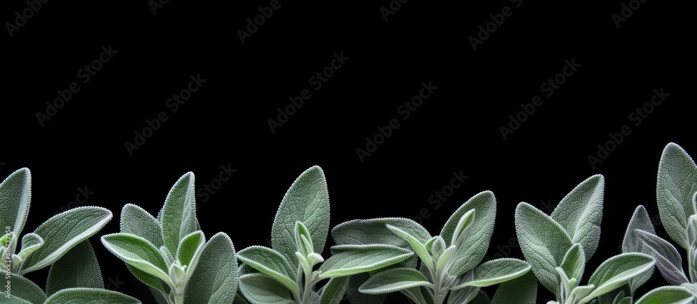 Poster a top view of fresh sage leaves on a white background with the sage arranged along the border provid