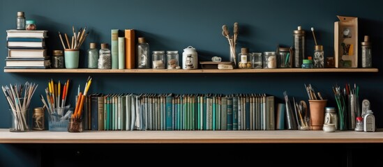 Fototapeta premium The study at home equipment including pens pencils rulers notes and books is neatly organized on a shelf with ample copy space available