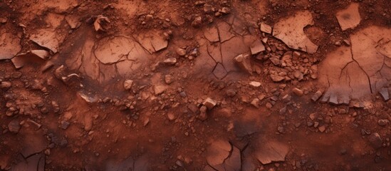 Fototapeta premium Top view of a dry polluted soil with a reddish hue and a stony composition offering ample copy space for images