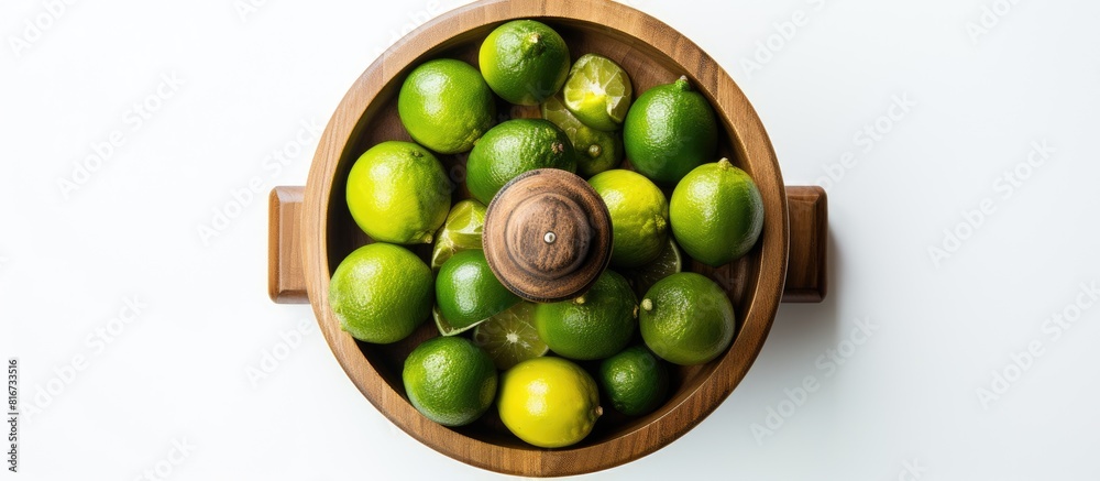 Poster A top down view of a wooden juicer and fresh limes on a white background providing ample copy space in the image