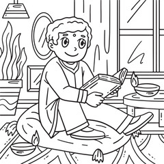 Diwali Boy Reading a Story Coloring Page for Kids