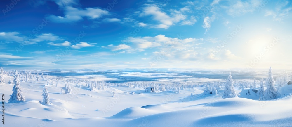 Poster a scenic view of lapland in europe on a sunny day showcasing a breathtaking landscape covered in sno