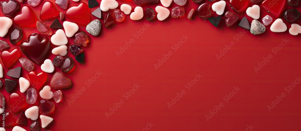Aufkleber copy space image of a vibrant heart shaped frame adorned with colored stones on a red background per