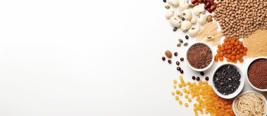 On a white table there is a variety of raw cereals grains pasta and canned food neatly arranged The image includes copy space and is captured in a flat lay style