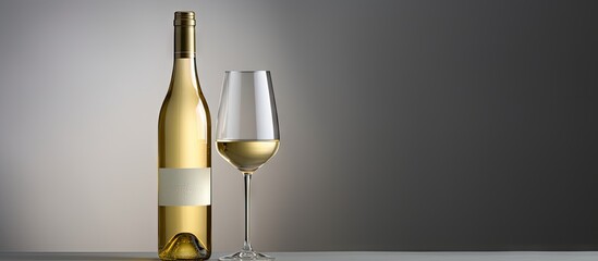 A white wine bottle is captured in a horizontal studio shot set against a gray background leaving room for a copy space image - Powered by Adobe