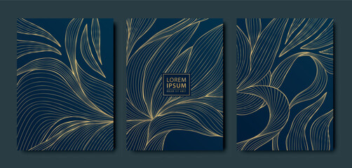 Vector set of golden leaf luxury backgrounds, wave elegant card, abstract floral line hand drawn flyers. Wedding, birthday Japanese motif brochures, black posters. © marylia17