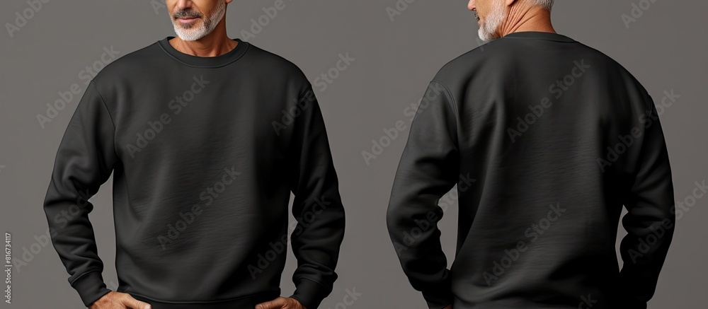 Poster A template of a black sweatshirt with a middle aged man isolated and with copy space A set of male sweatshirts with mockup designs and the option to showcase a like sign Front and back views are avail