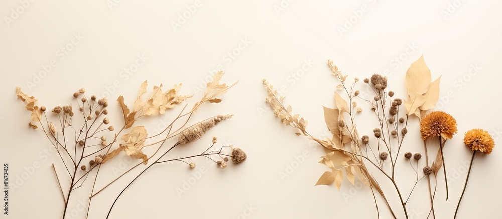Poster Top view of a beige background with a flat lay arrangement of dry flowers and a dried branch Perfect for a mockup with copy space