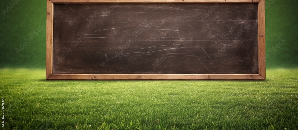 Poster The soccer field background showcases a small blackboard with a wooden frame providing ample copy space for potential text or images
