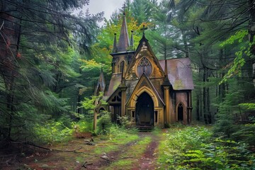 Antique chapel with gothic features nestled in a lush, serene forest