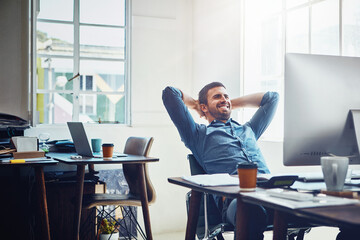 Smile, relax and happy man at office desk for stretching, productivity or done with project. Break,...