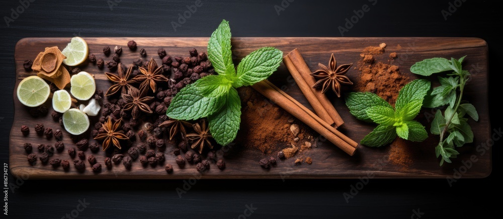 Poster a serving board adorned with a delightful arrangement of chocolate cinnamon mint and star anise crea