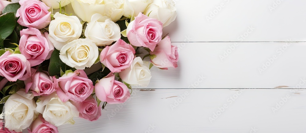 Poster top view of a light background with a bouquet of pink and white roses representing occasions like mo