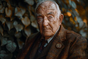 A senior man with kind eyes, sporting a tweed suit and pocket watch, bathed in warm sunlight against a backdrop of olive green leaves.