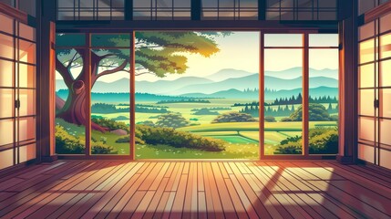A traditional Japanese room interior. An empty ryokan with wooden floors, paper walls, and a view of a summer landscape with green fields and trees. Modern cartoon illustration.