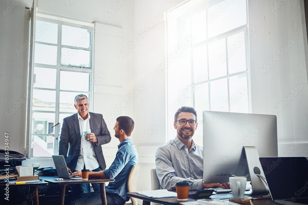 Poster man, portrait and co working office with team for research and product development for company with 