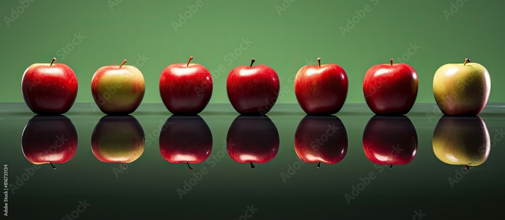 Poster A unique perspective of a row of red apples is showcased on a table captivating attention with a solitary green apple Copy space image