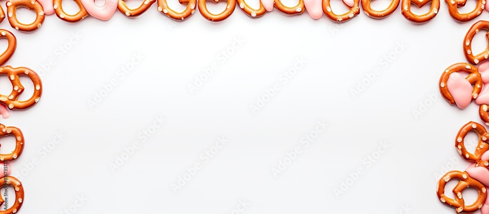 Poster white background with a frame showcases strawberry flavored yogurt covered pretzels leaving ample co