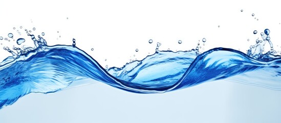 A vibrant blue water splash creates ripples and bubbles on its smooth surface captured in an isolated copy space image on a white background