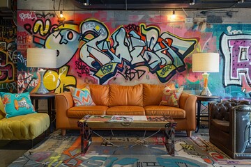 A lively living room with colorful graffiti covering the walls, showcasing funky artwork in a retro hotel lobby setting - Powered by Adobe