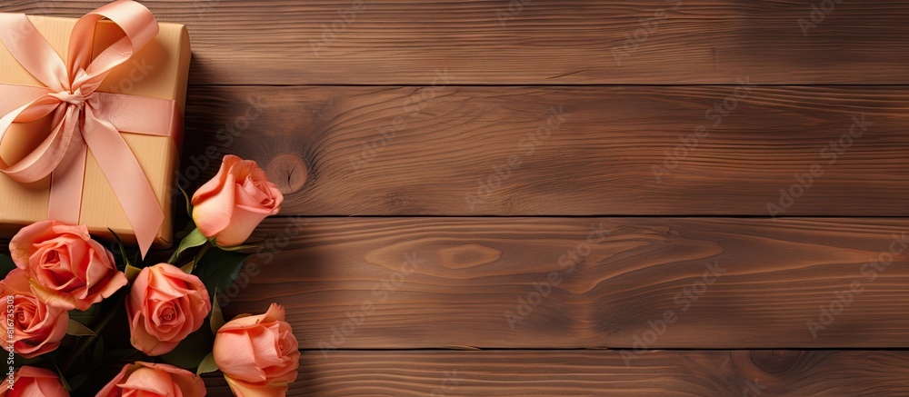 Aufkleber A wooden background adorned with peach roses and a gift box tied with a ribbon Viewed from above there is ample space for adding text