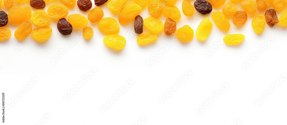 Poster a copy space image of yellow raisins seen from above set against a white background allowing room fo
