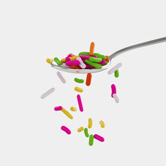 Rainbow Sprinkles For Cakes And Bakery Items Rest On Silver Spoon Few Trickle Down 3D Illustration