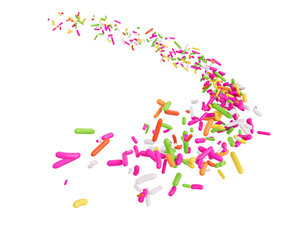 Colorful Sprinkles Or Meises For Cakes Flowing Coming In The Air On White Background 3D Illustration