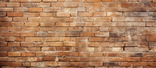 The image shows a textured wall made of ancient worn out orange bricks with plenty of empty space...