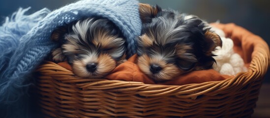 View of adorable Biewer Yorkie puppies resembling wrapped babies peacefully sleeping in a basket with cozy hats Perfect for copy space image