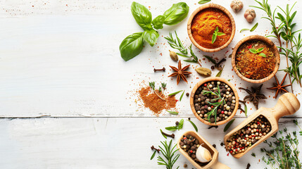 Composition with different spices and herbs on light white