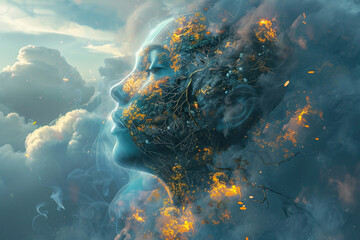 Abstract image of a woman's face in fire and smoke against the sky. The concept of preserving the environment and a clean planet. Generated by artificial intelligence